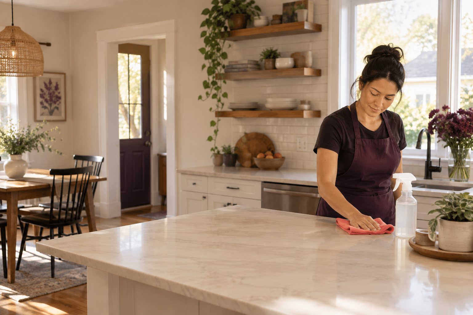 A cleaning professional carefully wiping a bright residential kitchen island